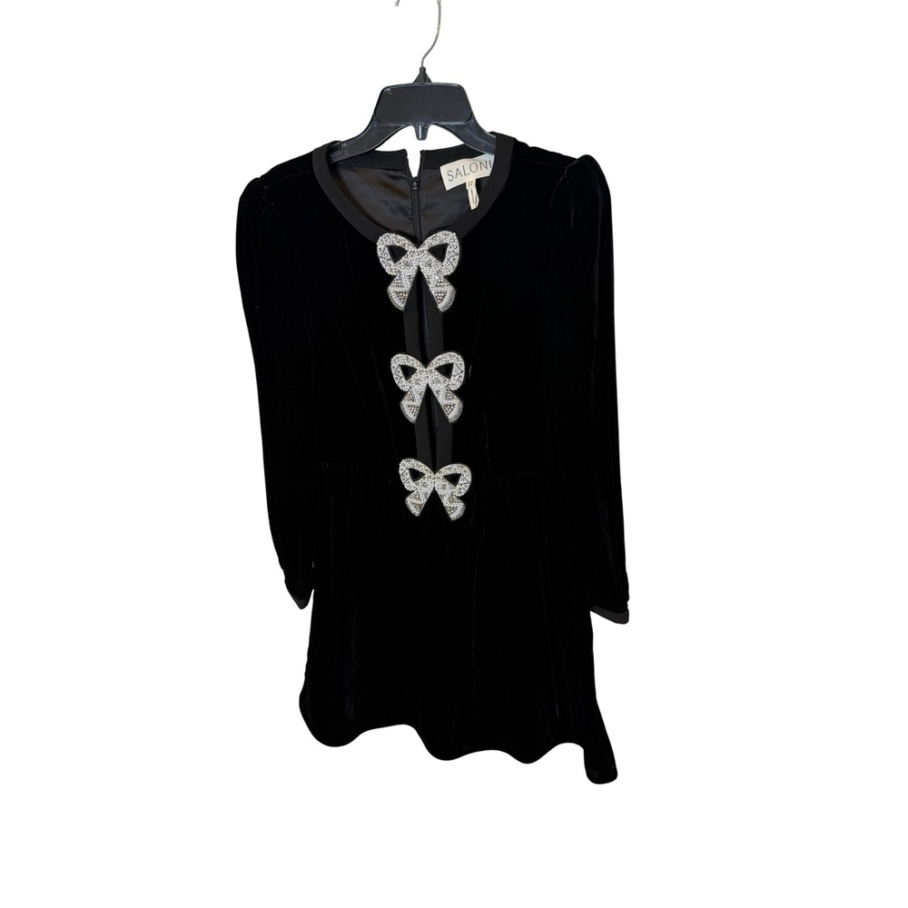 Saloni Camille Black Velvet Mini Dress Bow Embellished Size 8